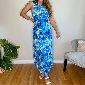 Vintage Braemar Blue Watercolor Floral Maxi Dress (M)